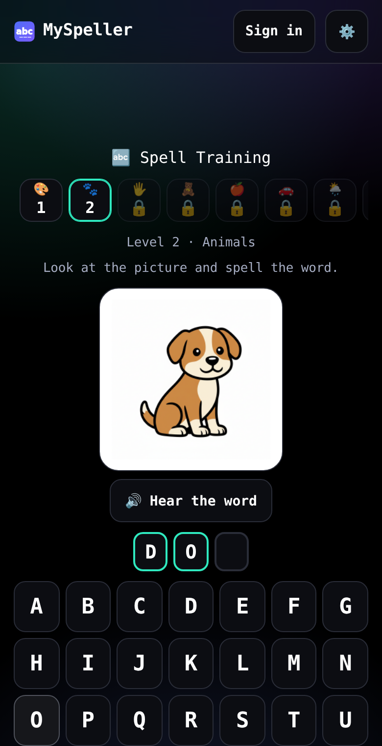 Il gioco MySpeller: tessere di livello a tema, un'immagine di un cane sopra gli slot delle lettere e una grande tastiera dalla A alla Z